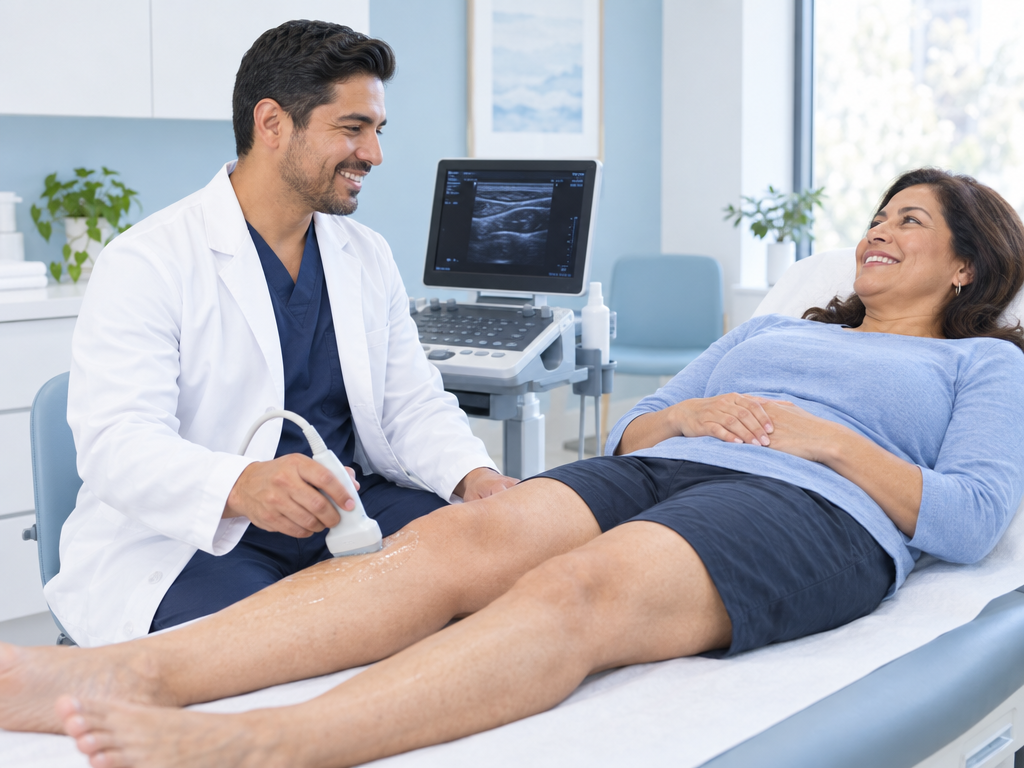 A physician performing a leg ultrasound while the patient smiles